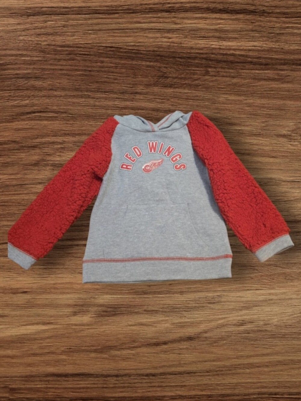 NHL Gray Hoodie with Red Sherpa Sleeves - Red Wings Graphic